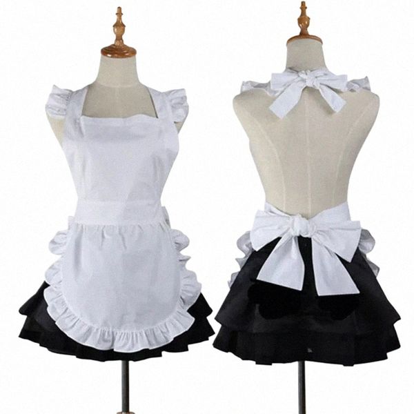 Mujer blanco rosa ama de casa criada Cott Apr coreano Bowknot lindo halter delantal dulce francés lolita anime uniforme para mujeres x6EJ #