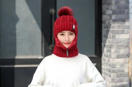 Female Winter KnittedAdd Fur Lined Warm ts for Women with Zipper Keep Warmer Balaclava Pompoms Cap Women Hats
