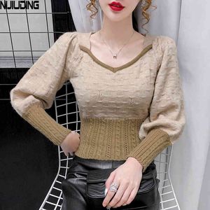 Vrouwelijke Winter Ontvang Taille Slanke Breien Tops Vintage PateHwork Puff Sleeve Korte Pullovers Dikte Sweaters Lady 210514