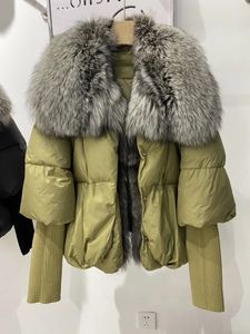 Femme hiver argent fourrure de renard col blanc duvet d'oie veste courte Parker détachable épais chaud vraies femmes 240108