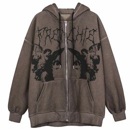 Vrouwelijke zip Up lange mouw dames sweatshirt y2k esthetische gotische grunge kleding vintage angel print oversized hoodies 220816