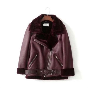 Veste de motard en cuir pour femme, manteau Punk basique avec fermeture éclair, col en velours, avec ceinture, hiver, noir, vin, rouge