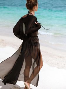 Bikinis féminins cordon taille noeud maille couvrir sans Lingerie robe de plage Bikini vacances dentelle Long Cardigan Vestido
