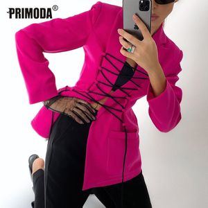 Femme Automne Nouveau Blazer Mode Femme Manches longues Rose Rouge Blazer avec ceinture Veste d'automne Blazers Club Party Tenues PR074M 201201