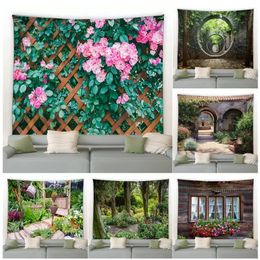 Hek Roze Bloemen Wandtapijt Vintage Venster Bloem Boog Tuin Park Natuur Plant Muur Hangend Modern Huis Woonkamer Patio Decor 240111