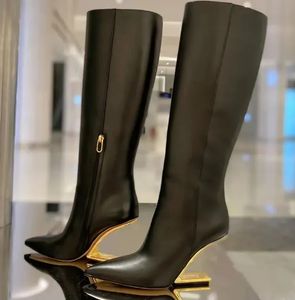 Fendyitys rijden Dames kniehoge laarzen Fashion Boots Gold Metal gesneden hak luxe mode elegante designer merk schoenen fabrieksschoenen
