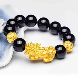 Feng shui boa sorte pulseiras para homens mulheres obsidian grânulo dragão sorte charme pulseira pixiu pi yao atrair riqueza bracelet211d