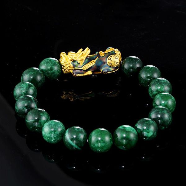 Feng Shui Vert Jades Pierre Perles Bracelet Hommes Femmes Unisexe Bracelet Or Noir Pixiu Richesse Et Bonne Chance Perlé, Brins