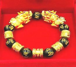 Feng Shui Obsidian Stone Beads Men Mujeres Unisex Gold Gold Black Pixiu Riqueza y buena suerte Mujeres Braceletería de joyería5845545