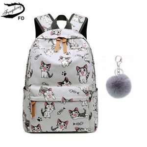 FengDong school bags for teenage girls schoolbag children backpacks cute animal print canvas school backpack kids cat bag pack T200114