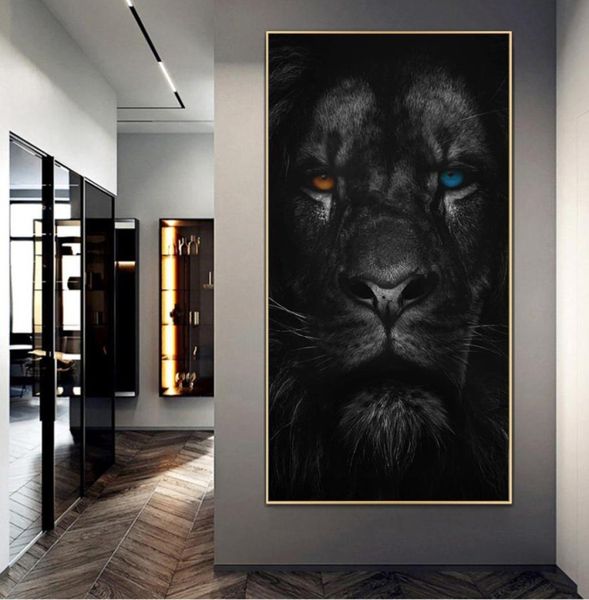 Lion féroce aux yeux orange et bleus, affiches et imprimés, peintures sur toile, images d'art murales pour salon, décoration de la maison, Cua2919023