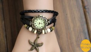 ferr shippingWholesale Nouvelle arrivée Mode vintage rétro perlé tressé corde bracelet wrap quartz vache cuir montre-bracelet femmes