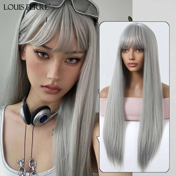 Ferre sintético largo y recto para mujeres pelucas naturales grises grises con flequillo Cosplay Halloween calor resistente a la peluca falsa