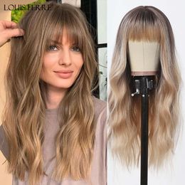 Ferre Ombre Brown Blonde synthétique pour les femmes Long Natural Wavy Hair Wigs avec frange Fibre quotidien résistant à la chaleur de la fête