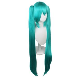Festival Party Anime Cosplay peluca pelo sintético largo verde pelucas con flequillo recto mujer 2 Clip en doble cola de caballo