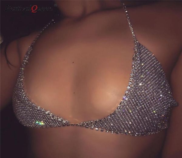 Festivalqueen Mujeres lentejuelas Tops Crystal Diamonds Boob Bra Party Club Metal Store Rhine Bras Silver Gold7908617