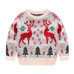 Pull de noël festif pour enfants, adorable tricot à col ras du cou imprimé élan, 240124