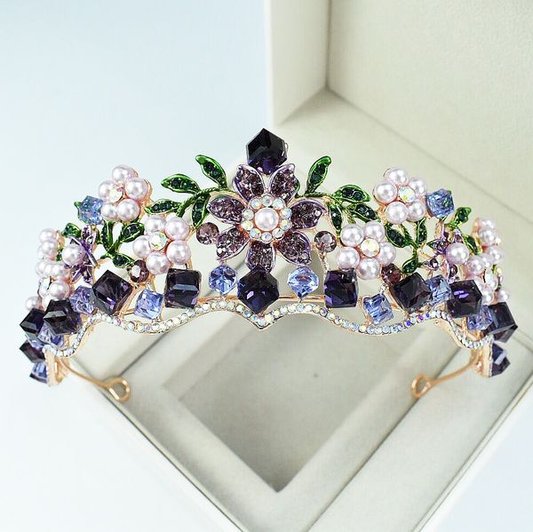 Accessoire de fête festive diadème de mariage en cristal violet diamant baroque couvre-chef d'anniversaire couronne strass avec bijoux accessoires de cheveux coiffes HG00165