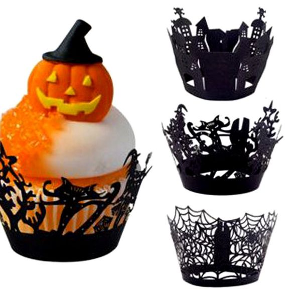 12 UNIDS Recorte Láser de Halloween Hueco Copas Negras Pastel Borde de Papel Festivo Suministros para Fiestas Decoración Gato Árbol Castillo Murciélago Bruja Araña Web YS0067