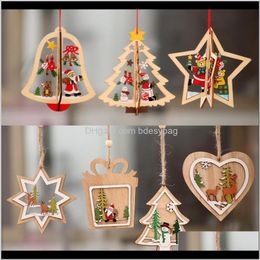 Feestelijke feestartikelen Home Gardturist-decoraties Laser Uitgehold Kerstboom Kleine houten Pentagram Bell Pendant Gift Drop Del