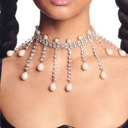 Feestelijke strass Pearls Tassel ketting Kraag Klein ontwerp Pendant Simple Full Diamond Collar Chain Fairy Girl Choker