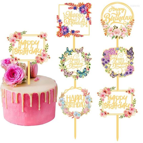 Suministros festivos 1/3 Uds. Feliz cumpleaños flor mariposa oro acrílico pastel Topper Cupcake insertar tarjeta para fiesta Baby Shower postre Decoración