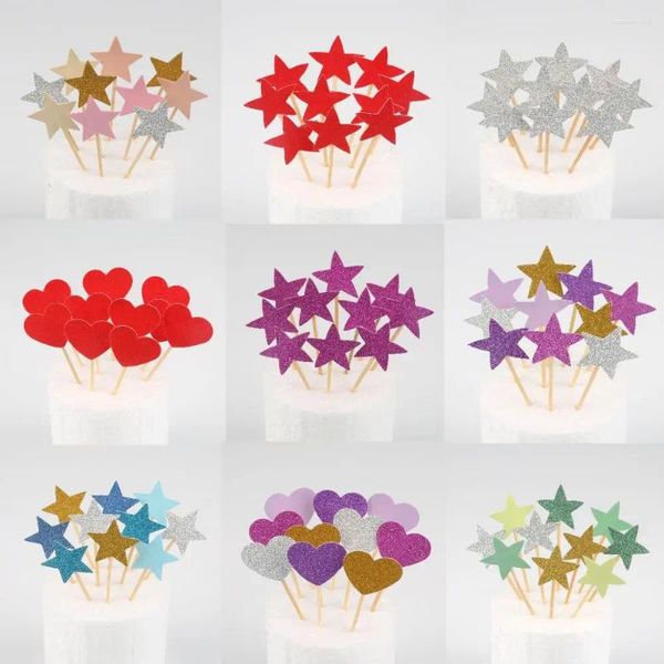Suministros festivos 10 piezas Mini corazón estrella Cupcake Toppers pastel de cumpleaños decoración selecciones niños decoraciones para fiesta de boda Baby Shower