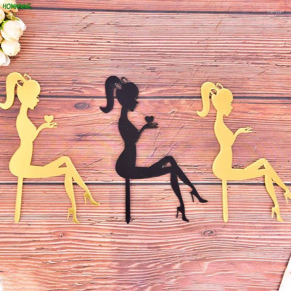 Supplies festives 1pc Black / Gold Acrylique High Heels Lady Girl Cake Topper Weddding Decoration Cupcake Dessert Sign Party