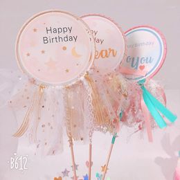 Feestelijke benodigdheden 2022 Pink Happy Birthday Cupcake Topper Ribbon Star Moon Cake For Girls Party Decorations Baby Shower