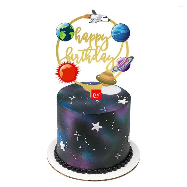 Fournitures de fête 2022 espace gâteau Topper dessin animé acrylique joyeux anniversaire bébé douche fête décoration