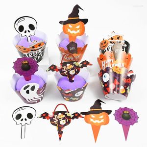 Feestelijke benodigdheden 24/48PCS Halloween Cupcake Wrapper Cup Muffins Pumpkin Ghost Bat Cake Toppers voor Dessert Decoratie
