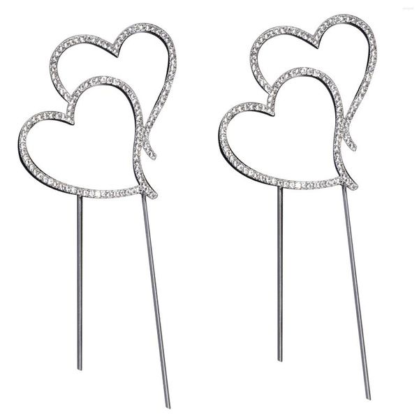 Fournitures de fête 2pcs Délicat Réutilisable Argenté Élégant Double Coeurs Élégant Robuste Anniversaire Saint Valentin Facile à Nettoyer Pour Gâteau De Mariage