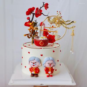 Feestelijke benodigdheden 2 stks/set rode grootouders miniatuur pop verjaardagstaart topper oude man bril noedels ambacht cupcake moederdag diy