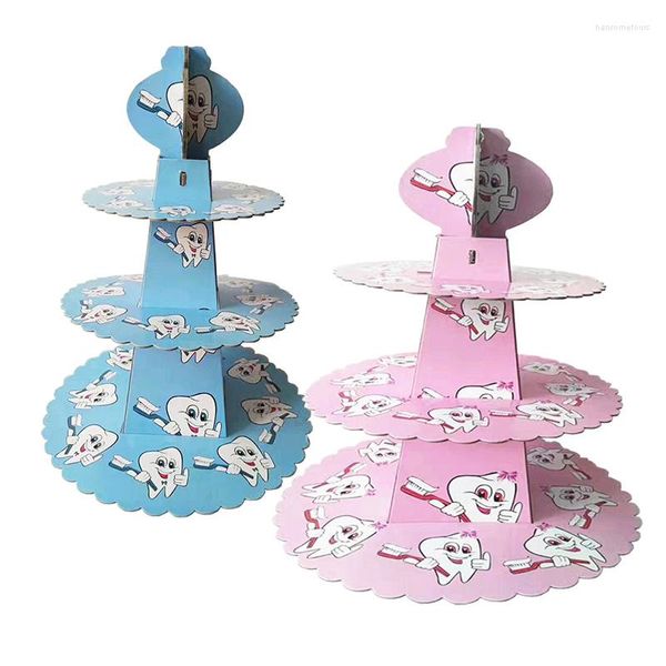 Fournitures de fête 3 niveaux dessin animé rose dent gâteau support bleu porte-cupcake bébé spectacle fête support décor pour enfants anniversaire