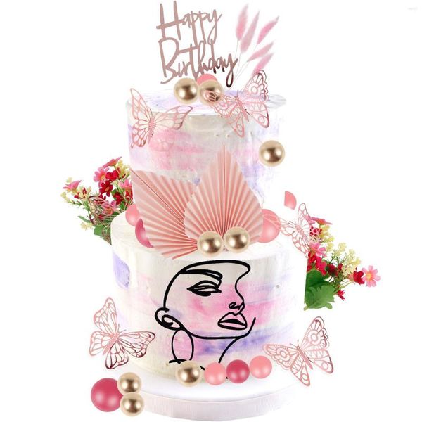 Fournitures festives 39 pièces décorations de gâteau Boho papillon fleur délicat rose acrylique décor