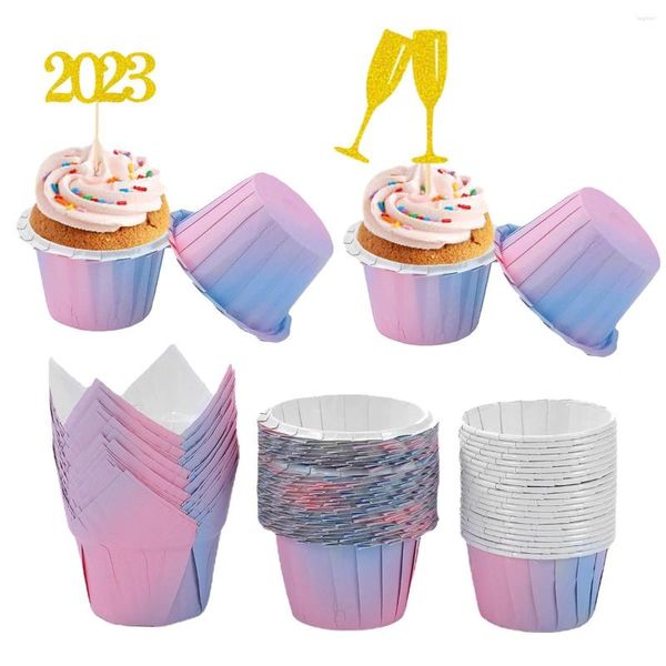 Suministros festivos 50 Uds revestimientos para cupcakes Color degradado a prueba de grasa Muffin tazas para hornear envoltorios para cumpleaños Baby Shower decoración de pastel de boda