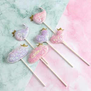 Fournitures de fête 5 pièces coeur gâteau Topper rose violet nuages garçon ou fille bébé baptême joyeux anniversaire Cupcakes décoration accessoires outils