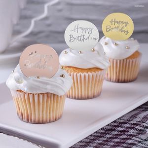Suministros festivos 5 piezas de oro rosa círculo de plata espejo pastel Topper acrílico feliz cumpleaños Cupcake Insertar tarjeta para decoración de postres de fiesta
