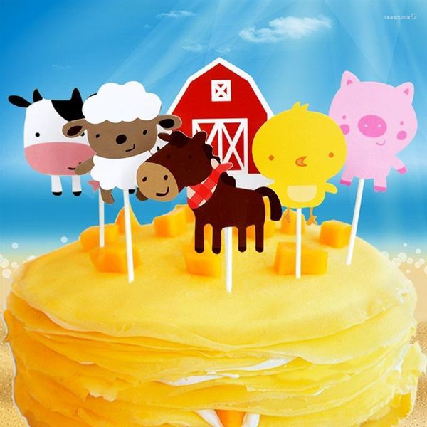 Supplies festives 6pc / set Card d'insertion de gâteaux d'anniversaire mignon ferme de petits animaux toppers fruit décoration pics