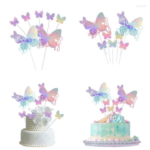 Suministros festivos 6pcs/set Happy Birthday Sequin Butterfly Cake Topper para Princess Girl Party Decoraci￳n Baby Shower Regalos