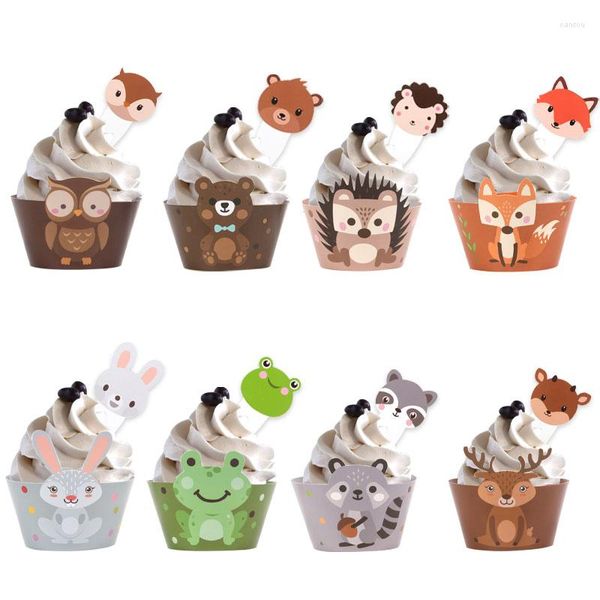 Suministros festivos Animal Cupcake Wrappers Cake Toppers Niños Jungle Forest Wild Theme Fiesta de cumpleaños Decoración Baby Shower Herramientas para hornear