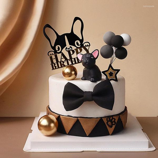 Fournitures de fête noir bouledogue français joyeux anniversaire acrylique gâteau Topper pour la fête de l'animal de compagnie décoration cuisson