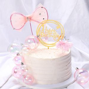 Suministros festivos, adorno para tarta de feliz cumpleaños con nudo de lazo, decoración para fiesta de niñas, color rosa y blanco