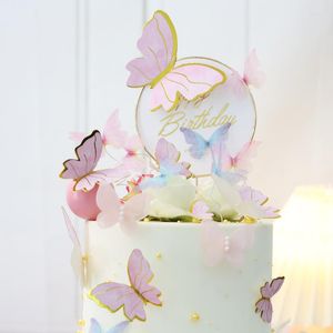 Suministros festivos, adornos para tartas de mariposa, feliz cumpleaños, decoración para fiesta de boda pintada a mano, horneado