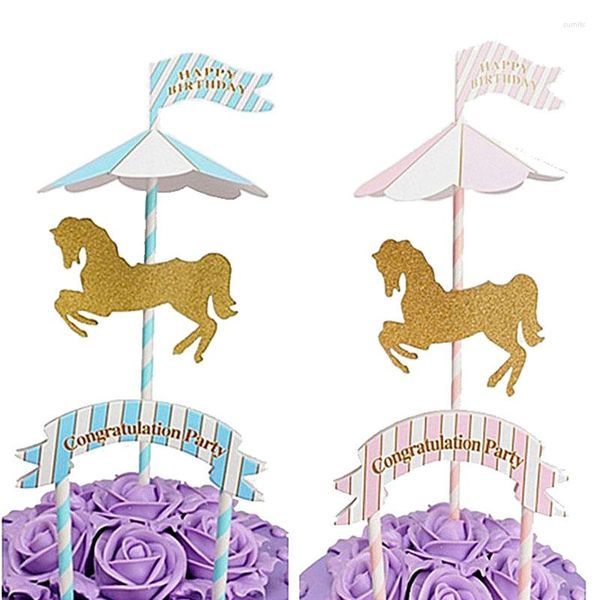 Fournitures de fête Carrousel Cupcake Topper Glitter Cheval Rose Bleu Baptême Genre Révéler Fête D'anniversaire Baby Shower DIY Décoration De Gâteau