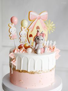 Fournitures de fête fête des enfants bébé anniversaire gâteau décorations fille fête rose nœud papillon Animal Dessert Topper poupée insérer carte