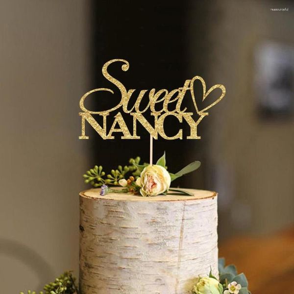 Suministros festivos, adorno personalizado con nombre para tarta de cumpleaños, con corazón, madera dorada personalizada, fiesta única para