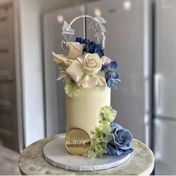 Suministros festivos diseño oro plata hojas románticas Topper para tarta de feliz cumpleaños decoración acrílica fiesta accesorios para hornear
