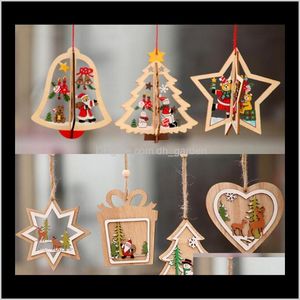 Fournitures de fête Livraison directe de jardin 2021 Ornement 2D 3D Pendentifs suspendus en bois Étoile Cloche d'arbre de Noël Décorations de Noël pour la fête à la maison