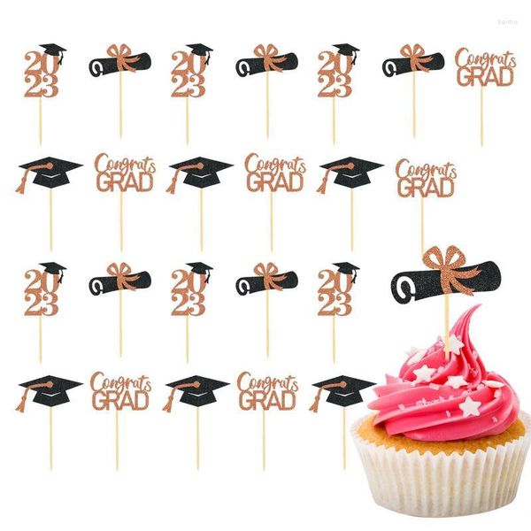 Suministros festivos Graduación Cupcake Picks 24 piezas Tema Toppers Glitter Clase de 2023 Gorras para fiesta